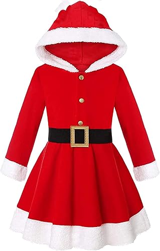 Girls Festive Santa Christmas Dress with Hood & Faux Fur Trim