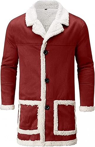 Men's Red Faux Shearling Coat, Warm Winter Jacket, Festive Button-Front Long Coat, Christmas Outerwear, Cozy Suede-Look
