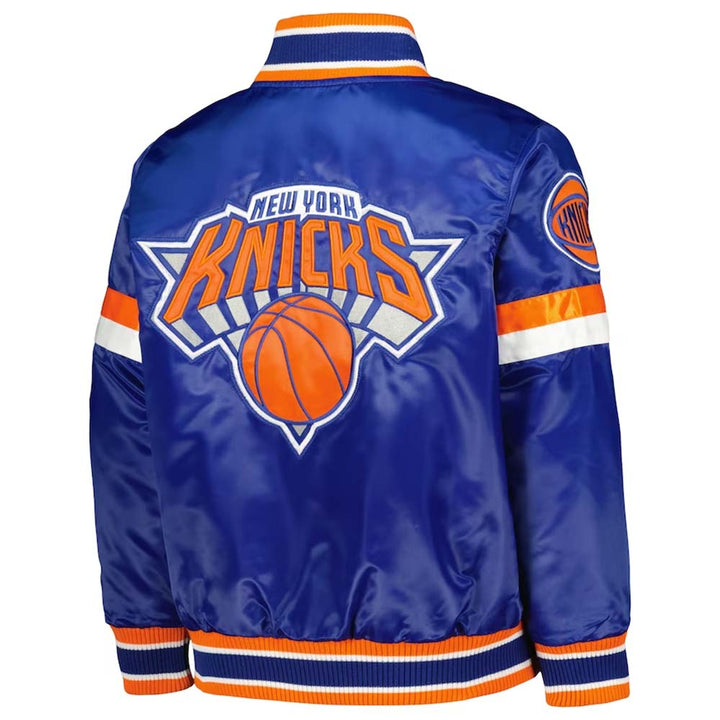 New York Knicks Youth Blue Home Game Satin Varsity Full-Snap Jacket in American Market