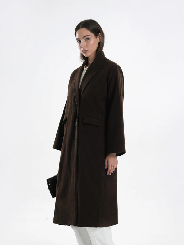 Brown Pleated Wool Blend Coat